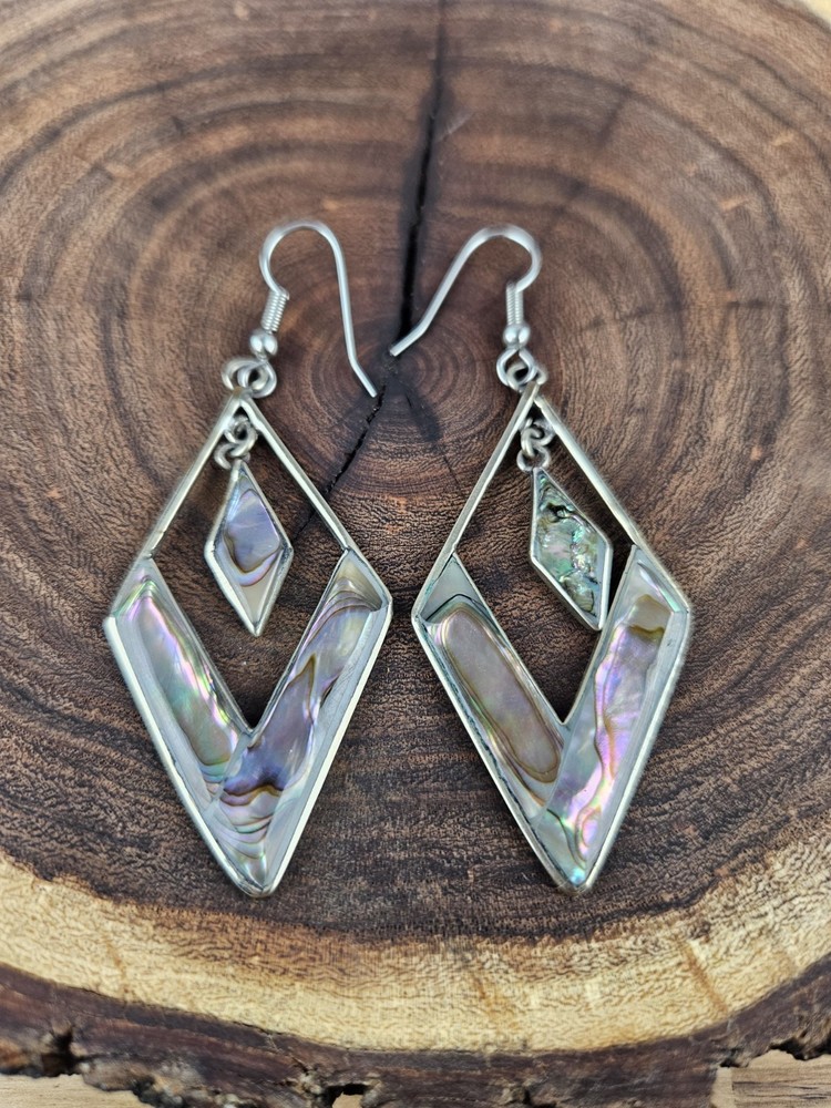 Vintage Alpaca Mexico Abalone Diamond Shape Dangle Drop 3 1/8″ Pierced Earrings