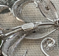 Vintage Sorrento Sterling Silver Pin Filigree Brooch Green Stone