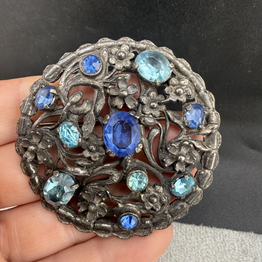 Vintage Pot Metal Rhinestone Brooch Silver Tone Blue