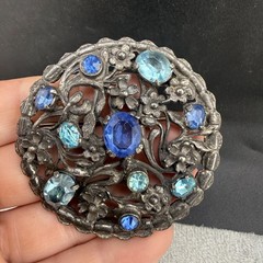 Vintage Pot Metal Rhinestone Brooch Silver Tone Blue