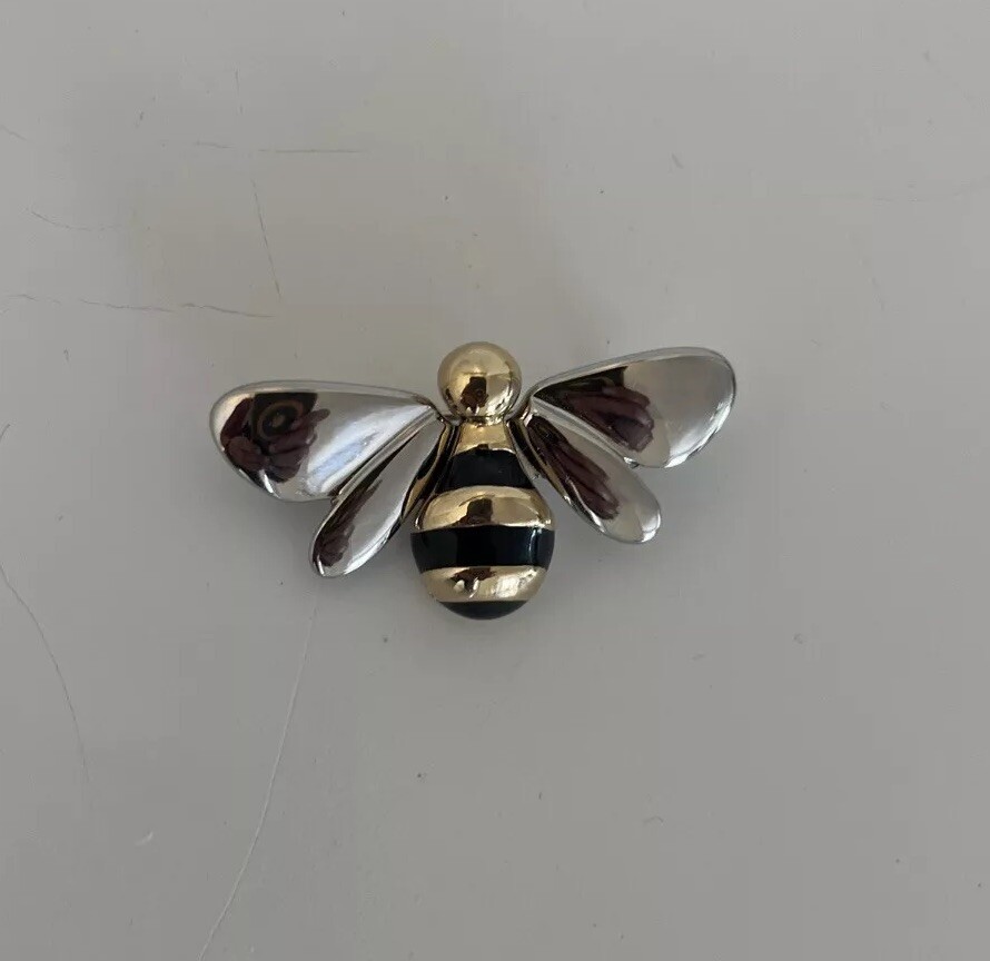 Lauren Conrad Bumble Bee Brooch Pin Signed LC Silver Gold Tone w/ Black Enamel