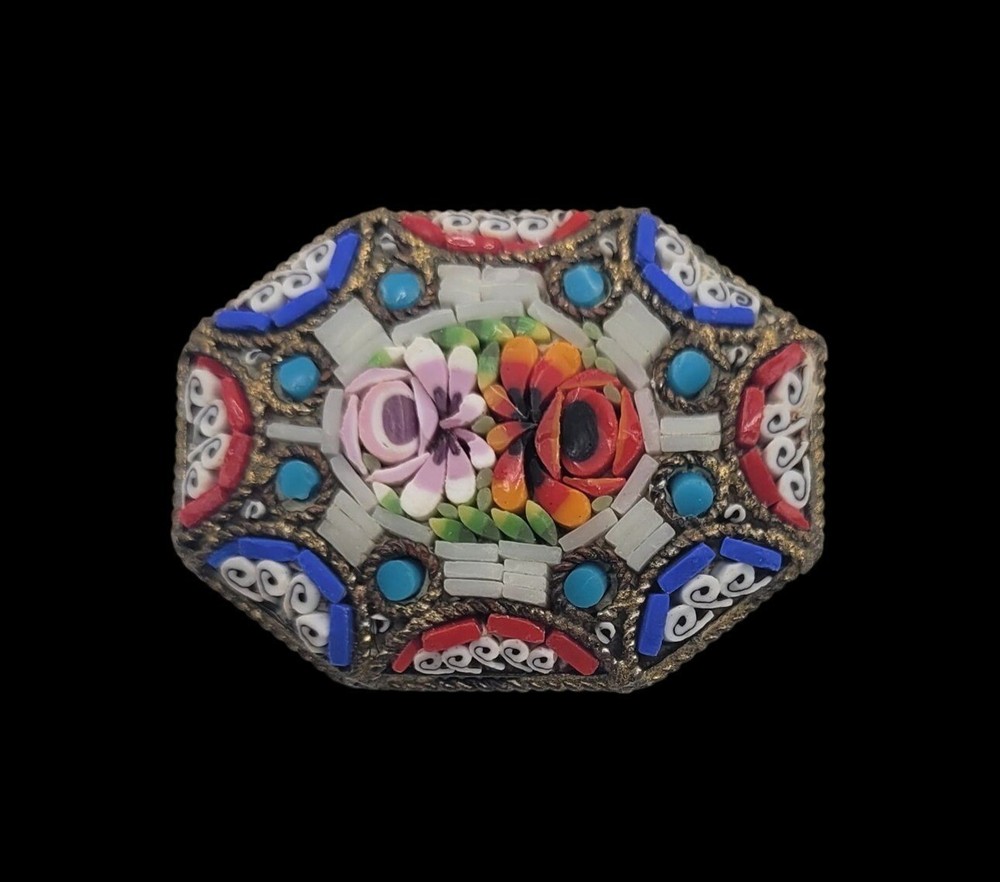 Vintage MICRO MOSIAC Glass FLORAL Octagonal Brooch Pin ITALY “C” Clasp 1 3/8″
