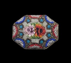 Vintage MICRO MOSIAC Glass FLORAL Octagonal Brooch Pin ITALY “C” Clasp 1 3/8″