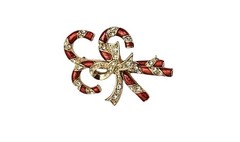 Monet Red Enamel Clear Rhinestone Candy Canes Bow Brooch Pin Signed, L836