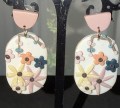 Bohemian Handmade Polymer Clay Earrings 3D Floral Design White Backing Vtg
