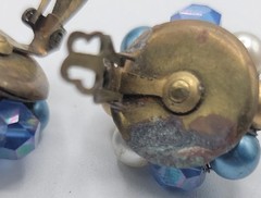 Vintage Cluster Beaded Clip On Earrings Blue Gold White Matte Shiny Beads