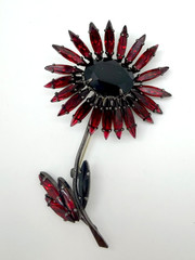Vintage Schreiner Deep Red Rhinestone Daisy Flower Brooch Pin