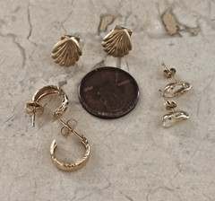 3 Pairs 14K Yellow Gold Dainty Earrings Lot Seashell Etched Hoops & AB Crystal