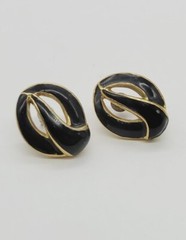 NAPIER Earrings Black & Gold Tone signed Pierced Vintage enamel .75 in