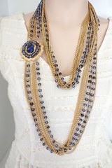Vintage Signed Marvella Multi Strand Long Necklace Large Brooch Blue Glass Beads