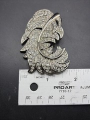 Vintage Large Rhinestone Feather Brooch Silver Tone Unsigned 2.75”L