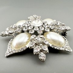 Vintage Rhinestone Brooch Pendant Domed Faux Pearl Snowflake Flower Silver Tone