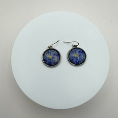 Vintage 90s Silver Tone Blue Flower Glass Cabochon Classic Fashion Jewelry Set