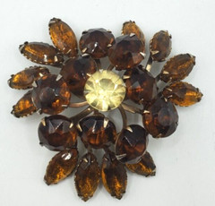 Vintage Rhinestones Brooch Topaz Amber Color Flower Prong Set Stones Pin