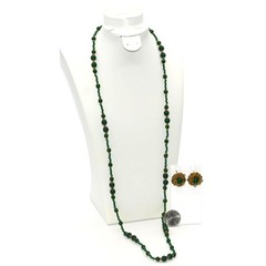 Signed Miriam Haskell 36″ Green Glass Bead Opera Necklace & Clip Earrings Set