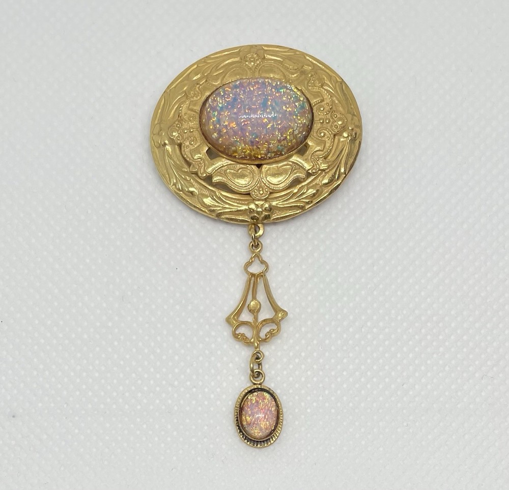 Victorian Revival Czech Foiled Opal Glass Brooch Oval Gold Tone With Dangle