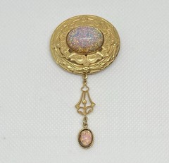 Victorian Revival Czech Foiled Opal Glass Brooch Oval Gold Tone With Dangle