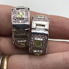 Vintage Silver tone Pink & Peridot Cubic Zirconia Hoop Pierced Earrings