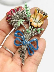 Vtg 925 Sterling Silver Marcasite Blue Red Green Enamel Flower Brooch Pin