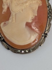 Antique Shell Cameo Brooch Pendant 800 Silver Hand Carved Classical Lady