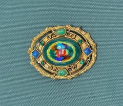 HATTIE CARNEGIE Foil Art Glass Green Blue Cabochons, Rhinestone Pendant Brooch