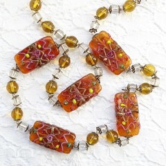 Vintage 1940s Venetian Wedding Cake Art Glass Bead Necklace Topaz Amber 25in