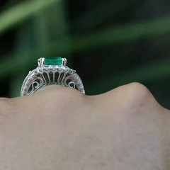 Art Deco Style Lab Created Emerald & Diamond Engagement 14K White Gold FN Ring