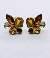 Flower Clip Earrings Amber Colored 1 in Rhinestone Gold tone Cluster Vintage