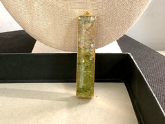 Vintage gold plated genuine Opal Peridot nuggets in resin bar pendant 0.5” x 2”