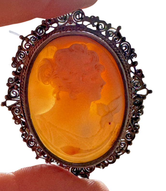 Torre del Greco Italy Hand Carved Shell Cameo Pendant Filigree Lady Portrait