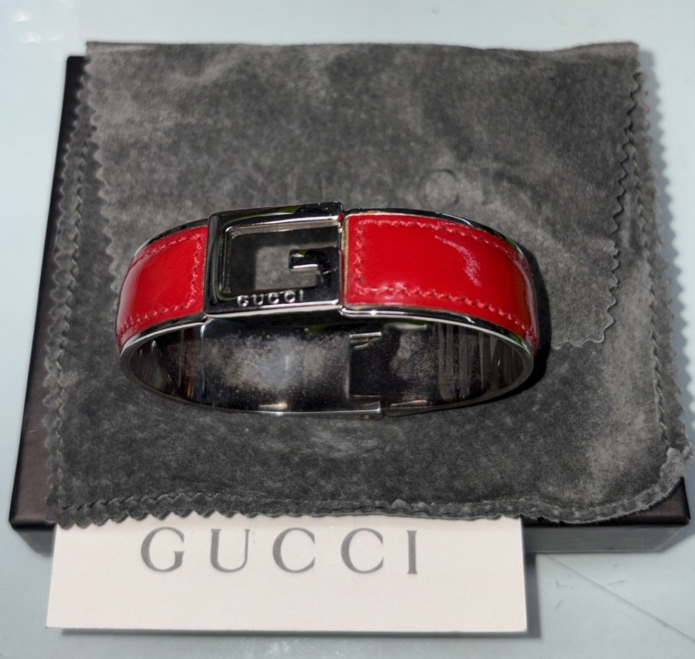 Rare GUCCI Bangle Vintage Red Leather G Logo Open Cuff Bracelet Adjustable