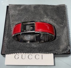 Rare GUCCI Bangle Vintage Red Leather G Logo Open Cuff Bracelet Adjustable