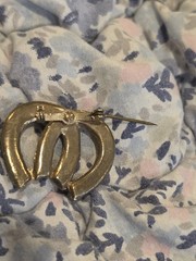Vintage MCM Silver Tone Double Horseshoe Brooch Faux Pearl Rhinestone Lucky Pin