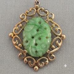 Faux Jade Pendant Carved Green Glass Cabochon Gold Tone Filigree MCM Vintage