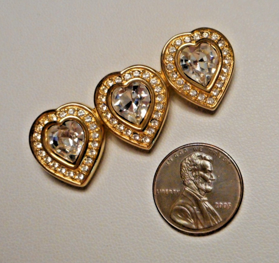 Vintage Swarovski Triple Heart Diamante Crystal Gold-tone Heart Brooch