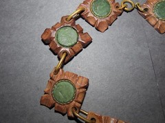 1930s ARTS CRAFTS WOOD LEATHER COPPER HAND-MADE CHOKER NECKLACE 17″