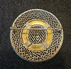 Vintage Two-tone Medallion Brooch Pin Filigree Shield 2.5 inches