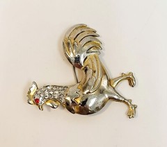 Vintage Clear Red Rhinestone Rooster Chicken Brooch