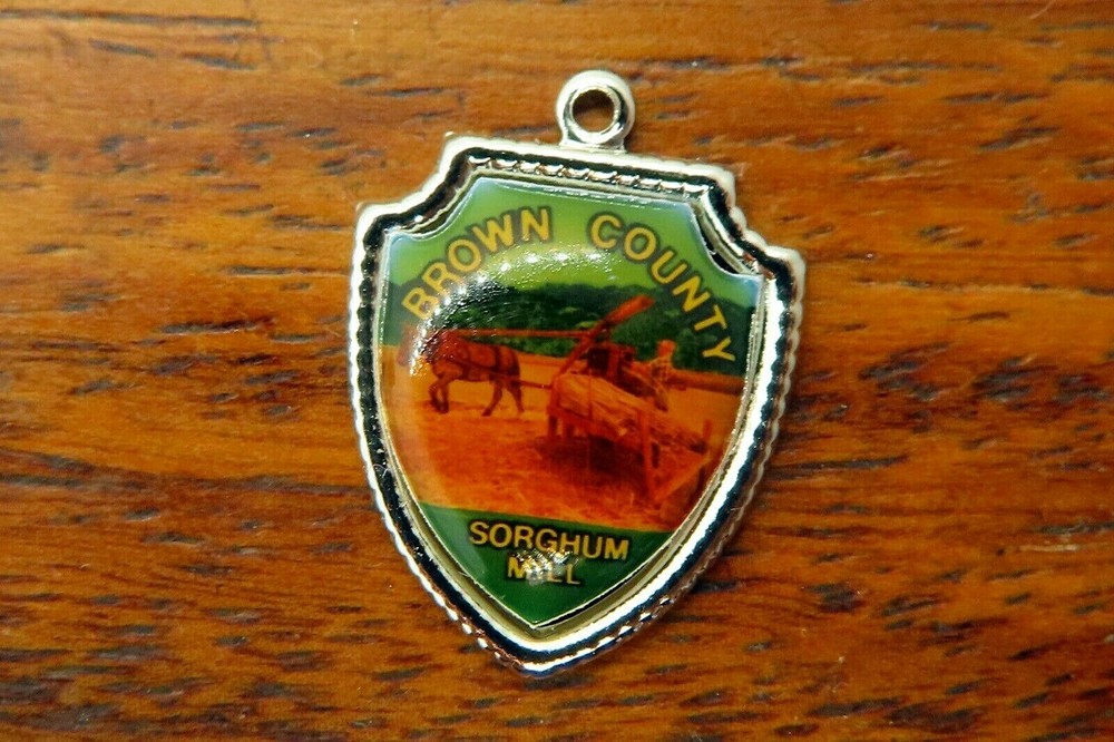 Vintage silver BROWN COUNTY SORGHUM MILL INDIANA TRAVEL SHIELD charm 21-26