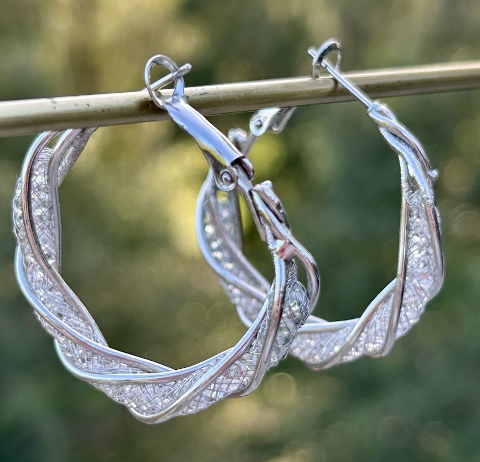 Vtg Sterling Silver Hoop Earrings Twisted Rhinestone Mesh Pierced 925 Leverback