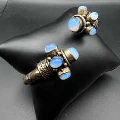 Vintage Brass Open Bangle Cuff Bracelet Blue Opalite Cabochons Boho Tribal