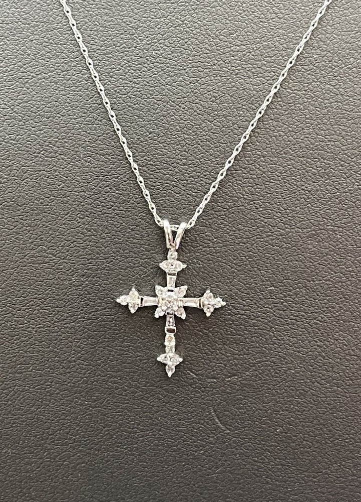 14KW Gold Small Cross, W/Round & tapered Baguette Mine Diamonds 18″ Rope Chain