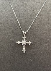 14KW Gold Small Cross, W/Round & tapered Baguette Mine Diamonds 18″ Rope Chain