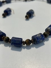 Lapis Lazuli & Tigers Eye Gems Necklace 20” Pierced Earrings 1 3/4” By 1/4”