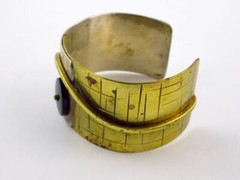Vintage Sterling Silver and Brass Black Onyx Wide Cuff Bracelet 6.75 In V GOOD