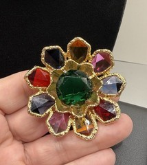 Vintage CAPRI Floral Sun Circle Gold Tone Multicolor Rhinestone Brooch