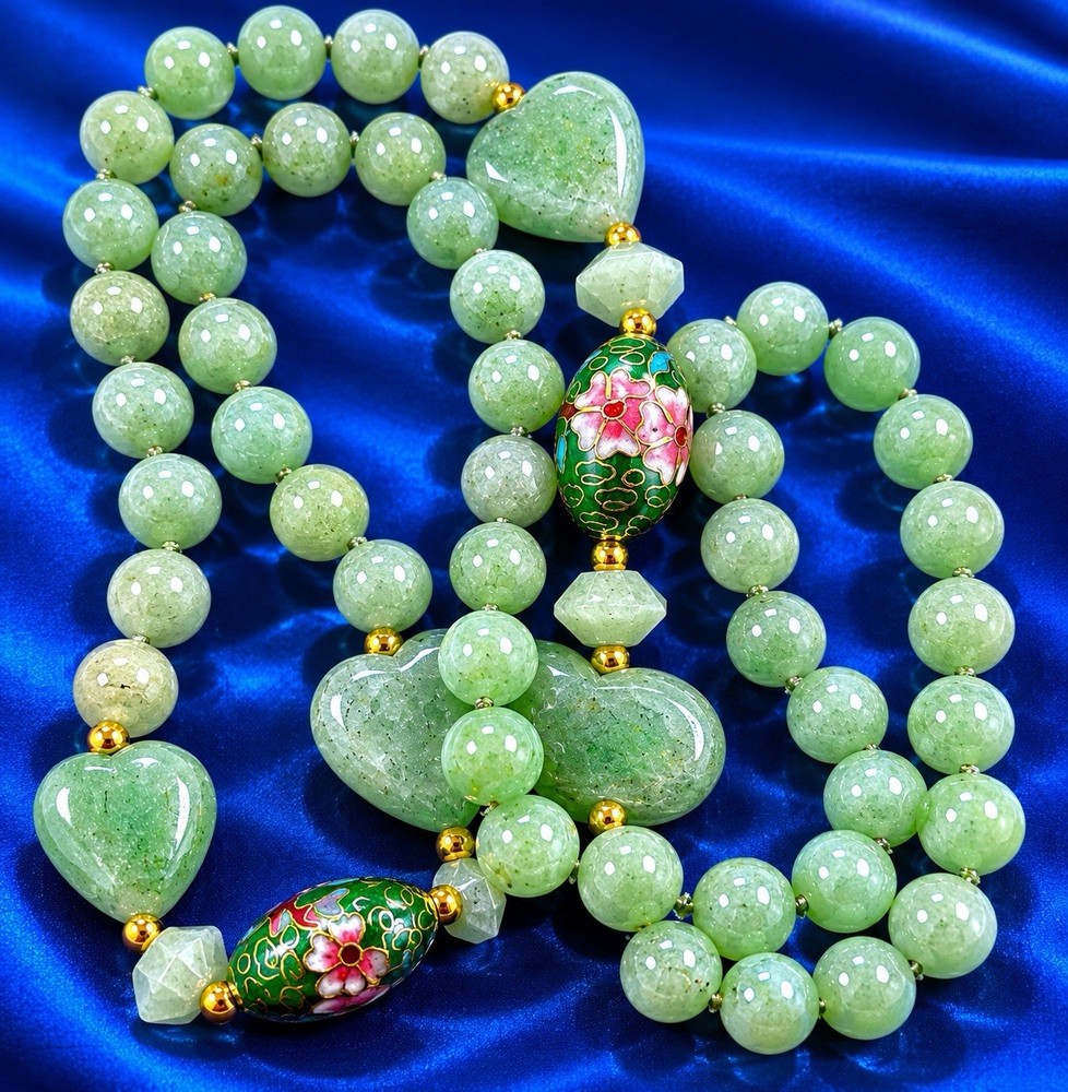 Vintage Cloisonne Jade Beaded Necklace Hand Tied 30 in #427
