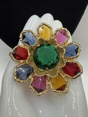 Vintage CAPRI Floral Sun Circle Gold Tone Multicolor Rhinestone Brooch