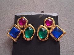 1980s bold runway earrings, glass cabochon trio, geometric, asymmetrical