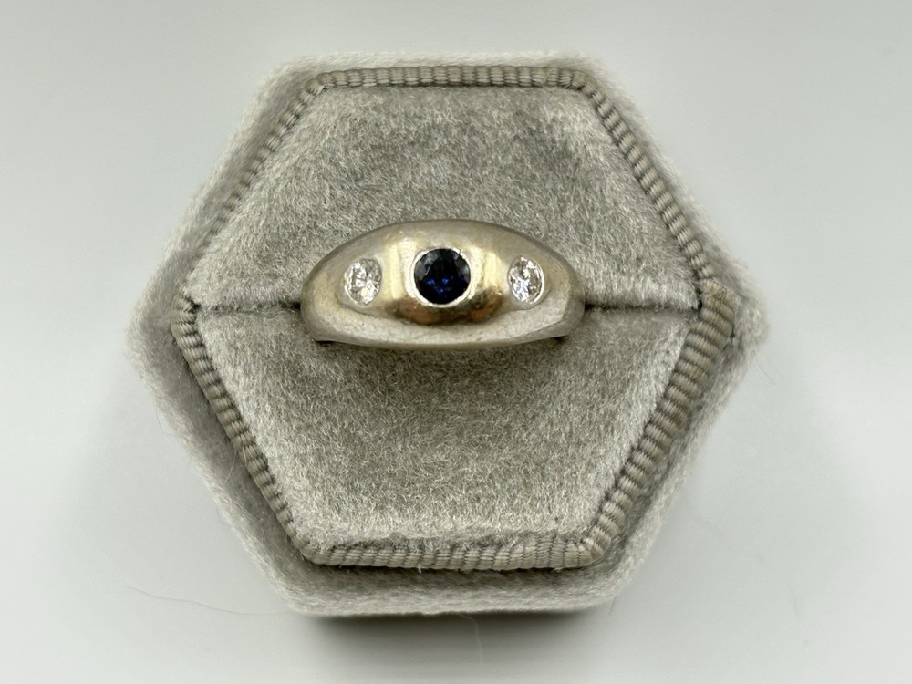 Vintage 14k White Gold Blue Sapphire & Diamond Gypsy Ring
